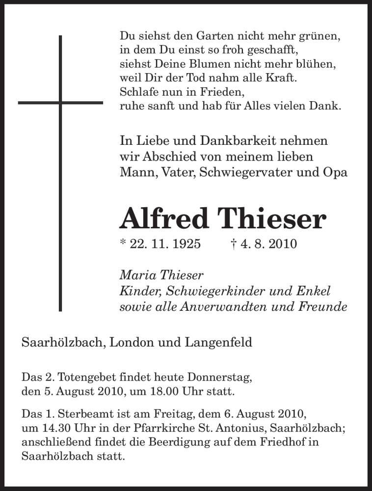 Traueranzeige für Alfred Thieser vom 05.08.2010 aus SAARBRÜCKER ZEITUNG