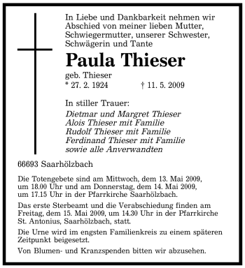 Traueranzeige von Paula Thieser von SAARBRÜCKER ZEITUNG