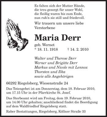 Traueranzeige von Maria Derr von SAARBRÜCKER ZEITUNG