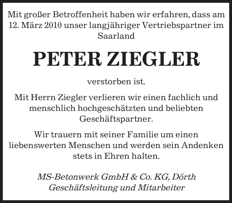  Traueranzeige für Peter Ziegler vom 16.03.2010 aus SAARBRÜCKER ZEITUNG