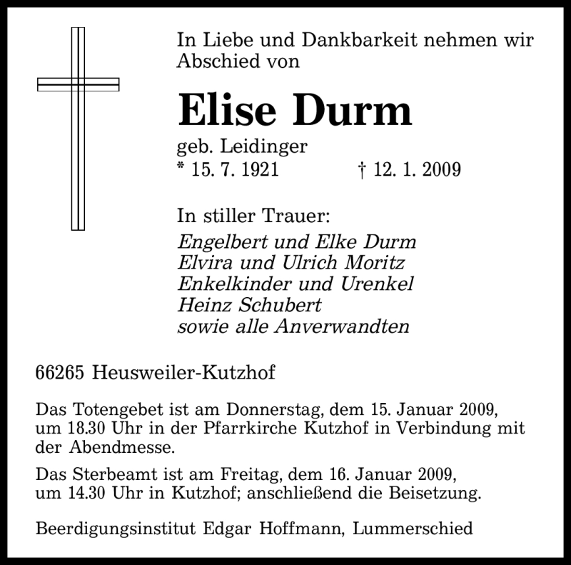  Traueranzeige für Elise Durm vom 14.01.2009 aus SAARBRÜCKER ZEITUNG