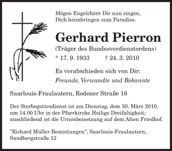 Traueranzeige von Gerhard Pierron von SAARBRÜCKER ZEITUNG