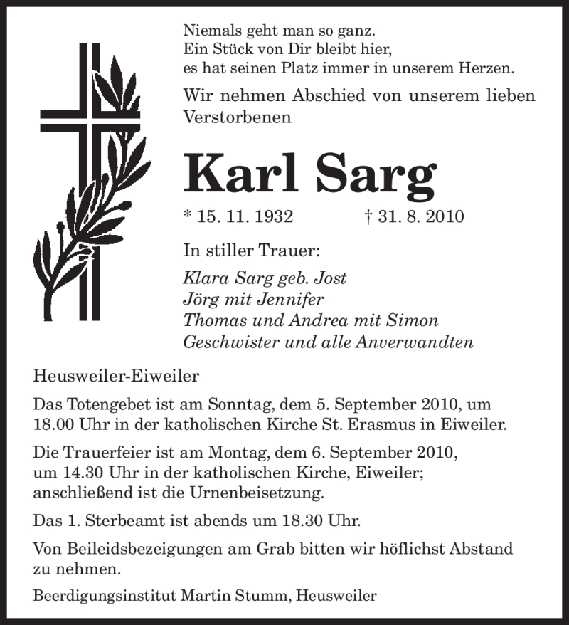  Traueranzeige für Karl Sarg vom 03.09.2010 aus SAARBRÜCKER ZEITUNG