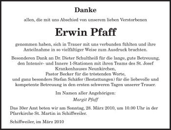 Traueranzeige von Erwin Pfaff von SAARBRÜCKER ZEITUNG