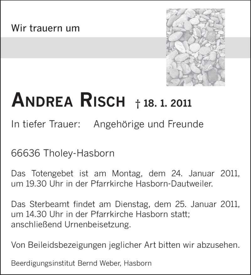  Traueranzeige für Andrea Risch vom 22.01.2011 aus SAARBRÜCKER ZEITUNG
