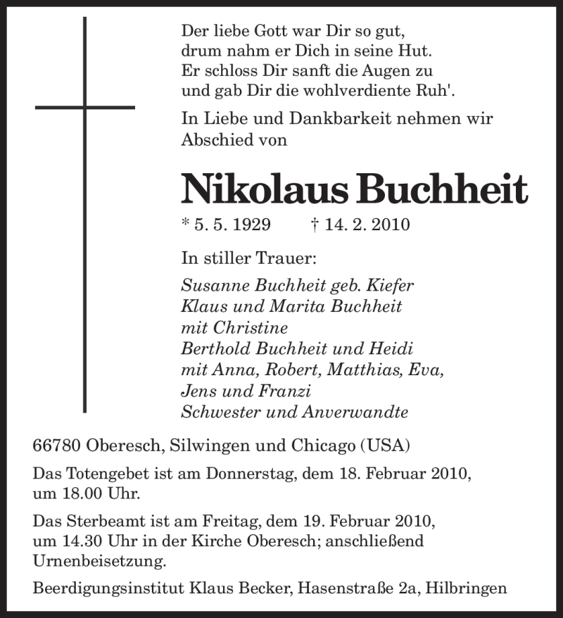  Traueranzeige für Nikolaus Buchheit vom 17.02.2010 aus SAARBRÜCKER ZEITUNG