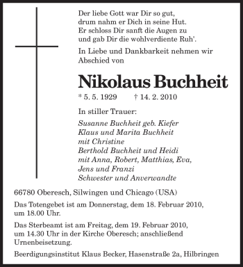 Traueranzeige von Nikolaus Buchheit von SAARBRÜCKER ZEITUNG