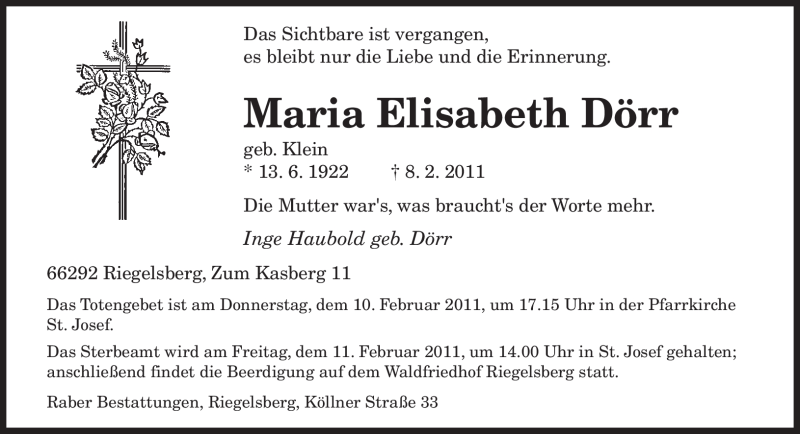  Traueranzeige für Maria Elisabeth Dörr vom 09.02.2011 aus SAARBRÜCKER ZEITUNG