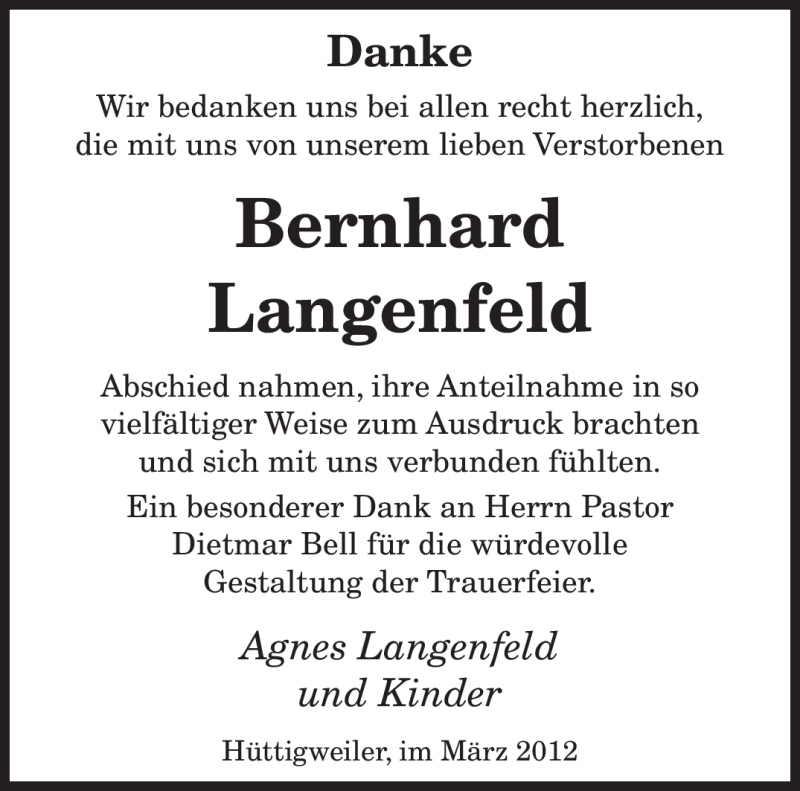  Traueranzeige für Bernhard Langenfeld vom 10.03.2012 aus SAARBRÜCKER ZEITUNG