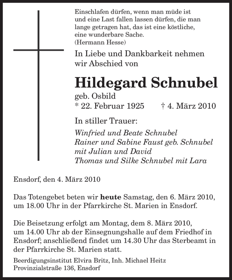  Traueranzeige für Hildegard Schnubel vom 06.03.2010 aus SAARBRÜCKER ZEITUNG
