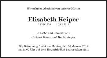 Traueranzeige von Elisabeth Keiper von SAARBRÜCKER ZEITUNG