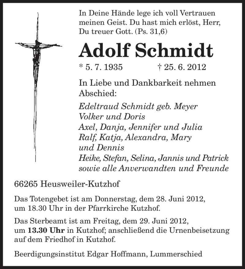  Traueranzeige für Adolf Schmidt vom 27.06.2012 aus SAARBRÜCKER ZEITUNG