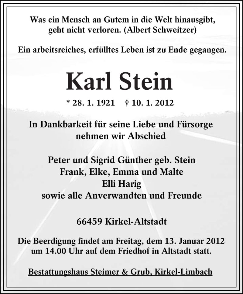  Traueranzeige für Karl Stein vom 12.01.2012 aus SAARBRÜCKER ZEITUNG