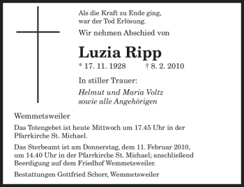 Traueranzeige von Luzia Ripp von SAARBRÜCKER ZEITUNG