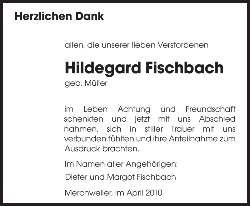  Traueranzeige für Hildegard Fischbach vom 24.04.2010 aus SAARBRÜCKER ZEITUNG