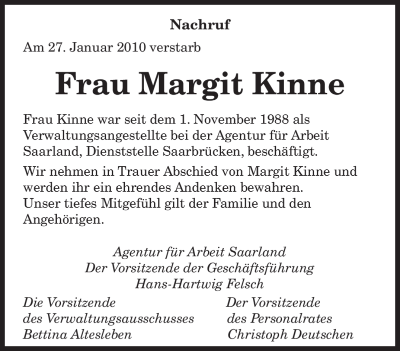  Traueranzeige für Margit Kinne vom 03.02.2010 aus SAARBRÜCKER ZEITUNG