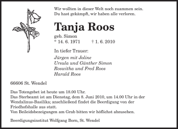 Traueranzeige von Tanja Roos von SAARBRÜCKER ZEITUNG