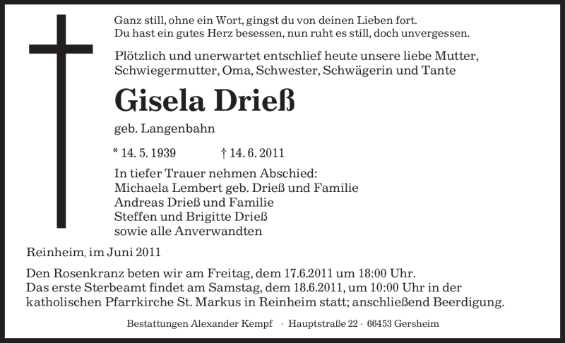  Traueranzeige für Gisela Drieß vom 16.06.2011 aus SAARBRÜCKER ZEITUNG