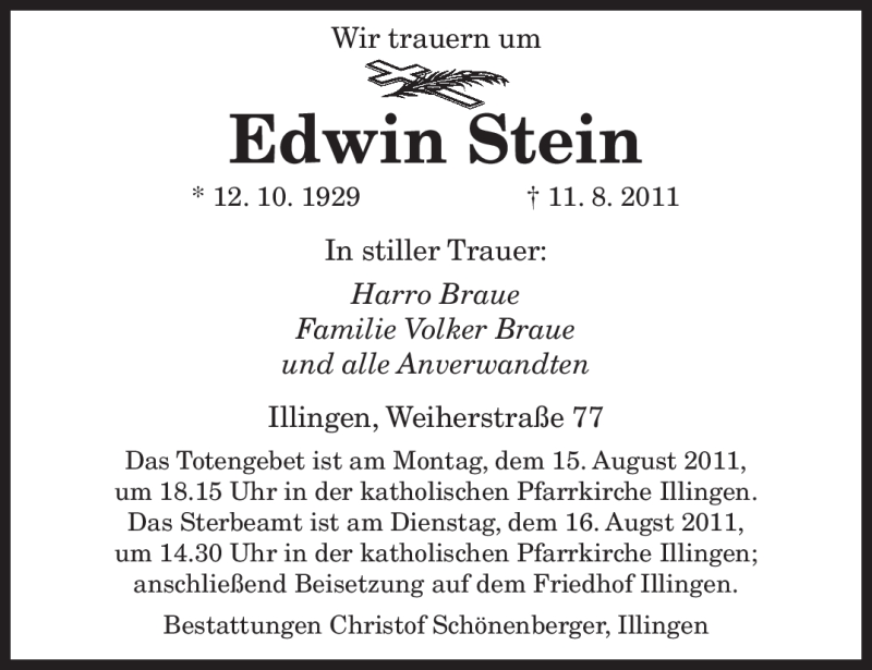  Traueranzeige für Edwin Stein vom 13.08.2011 aus SAARBRÜCKER ZEITUNG