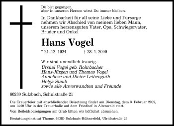 Traueranzeige von Hans Vogel von SAARBRÜCKER ZEITUNG