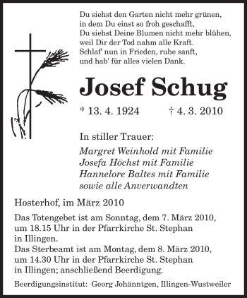 Traueranzeige von Josef Schug von SAARBRÜCKER ZEITUNG