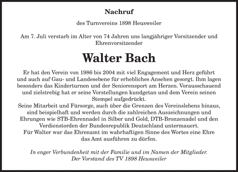  Traueranzeige für Walter Bach vom 17.07.2009 aus SAARBRÜCKER ZEITUNG