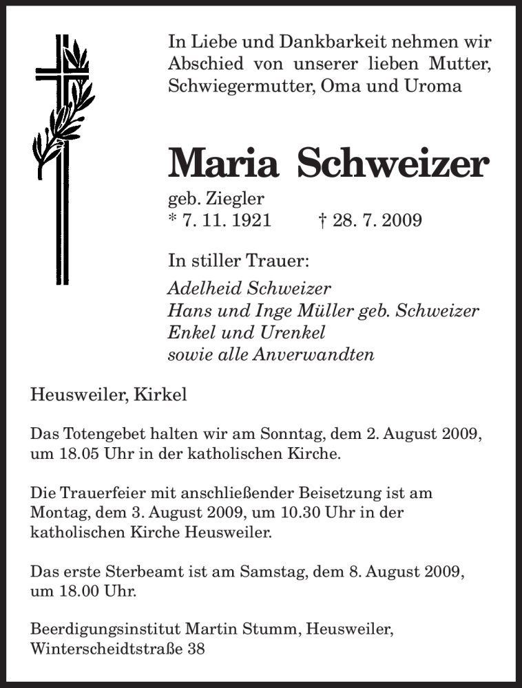  Traueranzeige für Maria Schweizer vom 31.07.2009 aus SAARBRÜCKER ZEITUNG