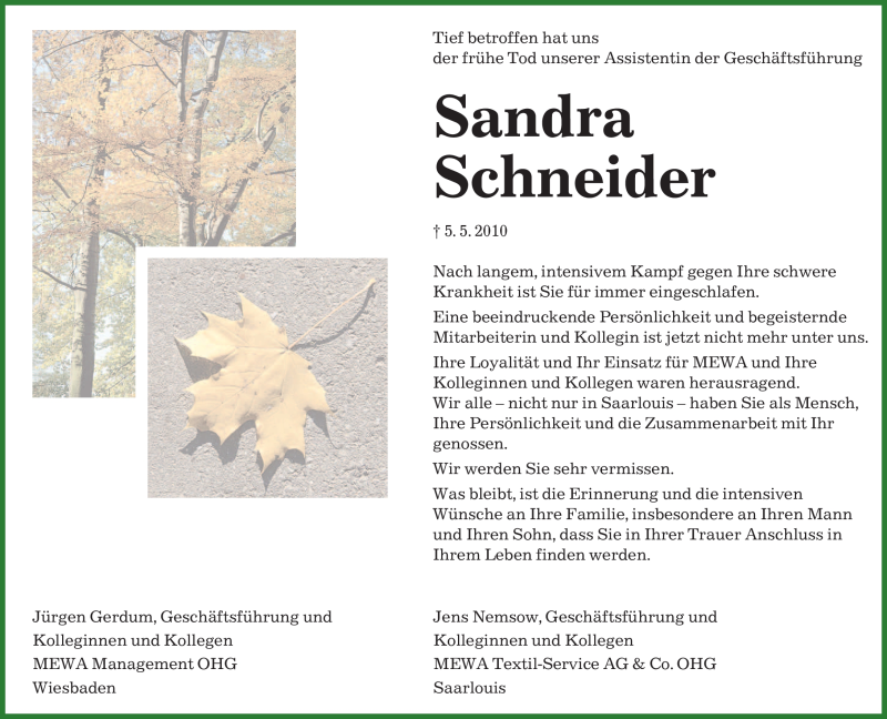 Traueranzeige für Sandra Schneider vom 08.05.2010 aus SAARBRÜCKER ZEITUNG