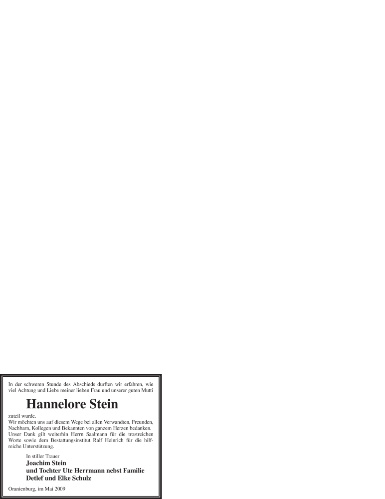  Traueranzeige für Hannelore Stein vom 26.05.2009 aus SAARBRÜCKER ZEITUNG