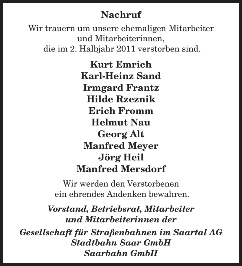  Traueranzeige für Kurt Emrich vom 14.01.2012 aus SAARBRÜCKER ZEITUNG