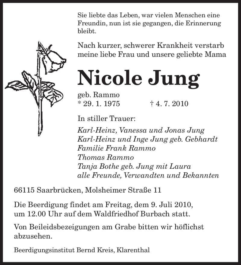  Traueranzeige für Nicole Jung vom 07.07.2010 aus SAARBRÜCKER ZEITUNG
