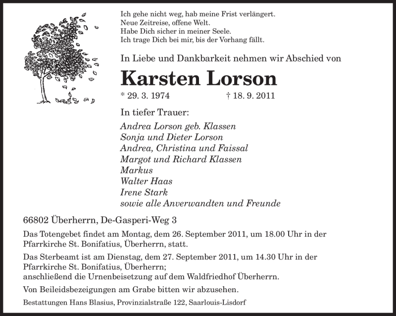  Traueranzeige für Karsten Lorson vom 22.09.2011 aus SAARBRÜCKER ZEITUNG