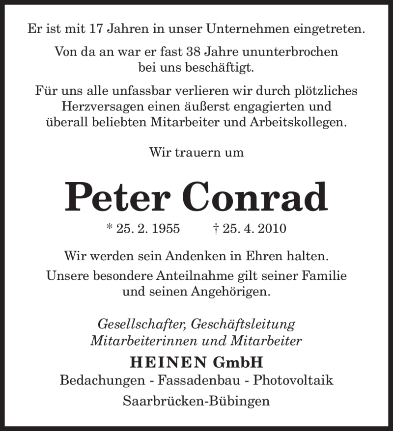  Traueranzeige für Peter Conrad vom 29.04.2010 aus SAARBRÜCKER ZEITUNG