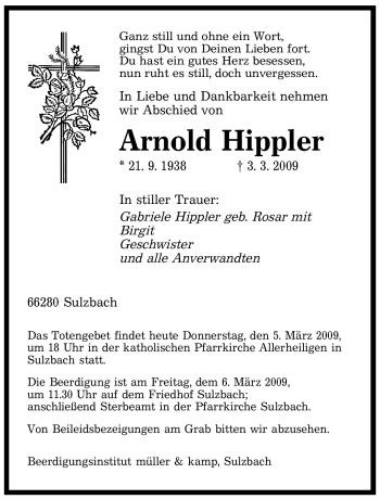 Traueranzeige von Arnold Hippler von SAARBRÜCKER ZEITUNG
