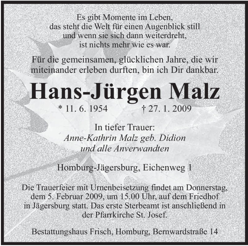  Traueranzeige für Hans-Jürgen Malz vom 02.02.2009 aus SAARBRÜCKER ZEITUNG