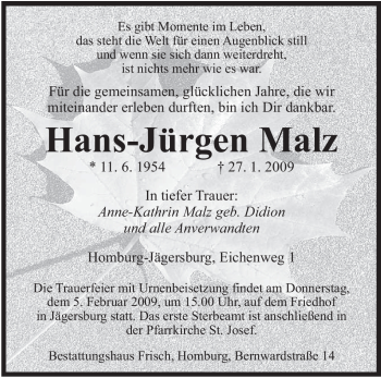 Traueranzeige von Hans-Jürgen Malz von SAARBRÜCKER ZEITUNG