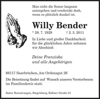 Traueranzeige von Willy Bender von SAARBRÜCKER ZEITUNG
