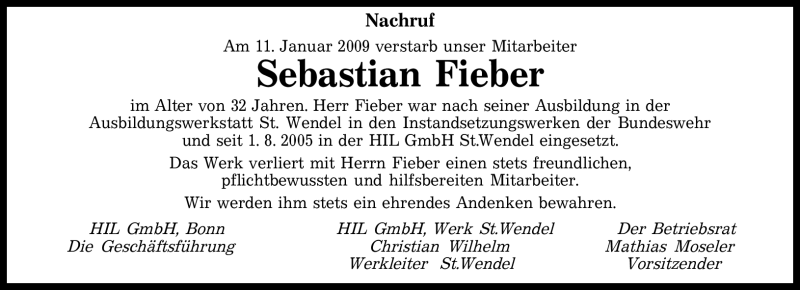  Traueranzeige für Sebastian Fieber vom 15.01.2009 aus SAARBRÜCKER ZEITUNG