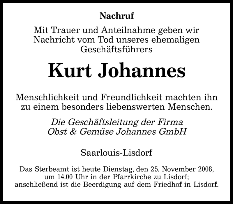  Traueranzeige für Kurt Johannes vom 25.11.2008 aus SAARBRÜCKER ZEITUNG