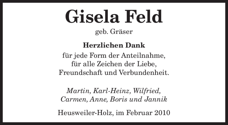  Traueranzeige für Gisela Feld vom 22.02.2010 aus SAARBRÜCKER ZEITUNG