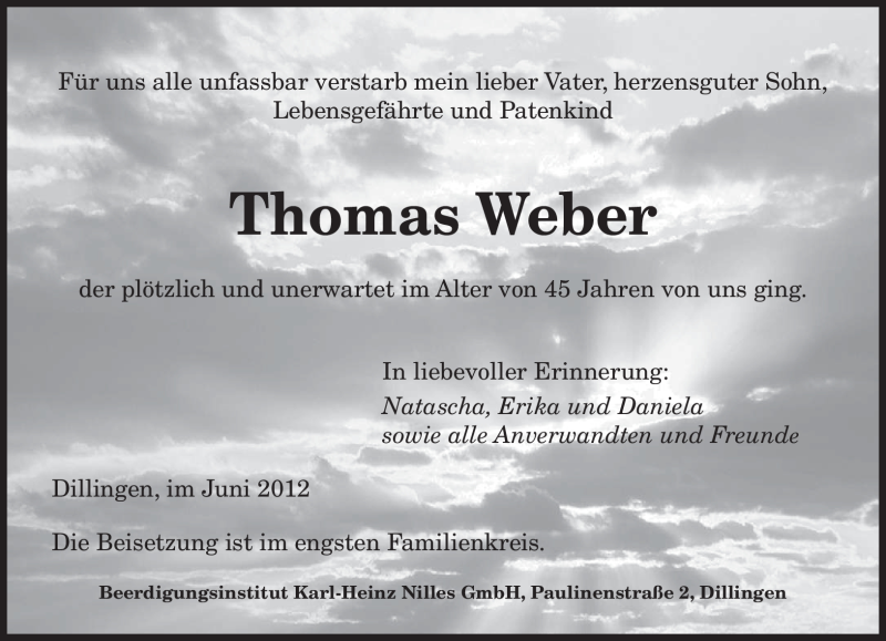  Traueranzeige für Thomas Weber vom 23.06.2012 aus SAARBRÜCKER ZEITUNG