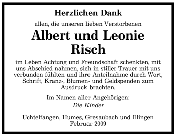Traueranzeige von Albert und Leonie Risch von SAARBRÜCKER ZEITUNG