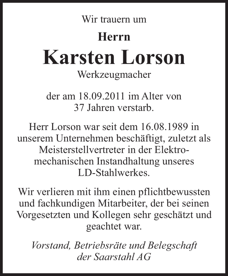  Traueranzeige für Karsten Lorson vom 22.09.2011 aus SAARBRÜCKER ZEITUNG