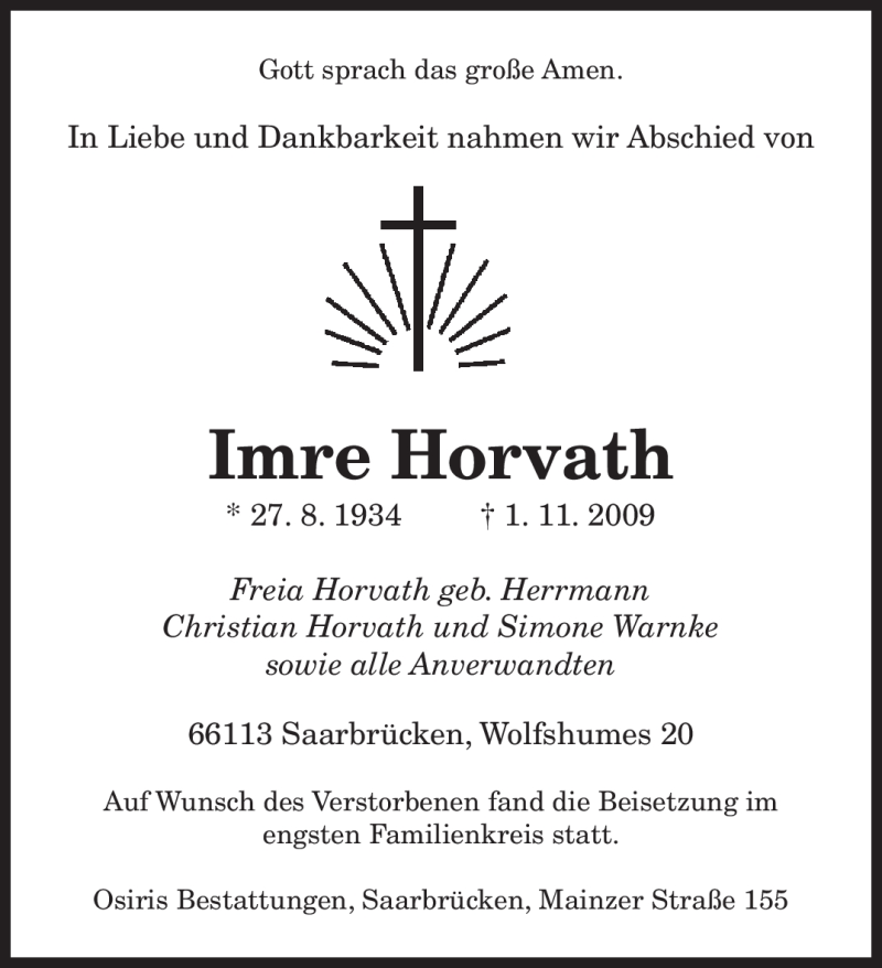  Traueranzeige für Imre Horvath vom 17.11.2009 aus SAARBRÜCKER ZEITUNG