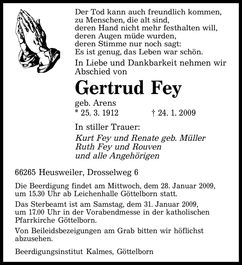  Traueranzeige für Gertrud Fey vom 26.01.2009 aus SAARBRÜCKER ZEITUNG