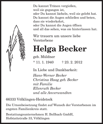 Traueranzeige von Helga Becker von SAARBRÜCKER ZEITUNG