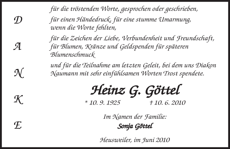  Traueranzeige für Heinz G. Göttel vom 26.06.2010 aus SAARBRÜCKER ZEITUNG