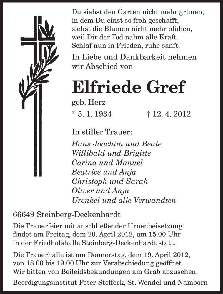  Traueranzeige für Elfriede Gref vom 18.04.2012 aus SAARBRÜCKER ZEITUNG