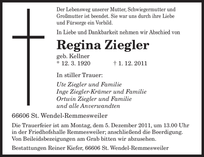  Traueranzeige für Regina Ziegler vom 03.12.2011 aus SAARBRÜCKER ZEITUNG