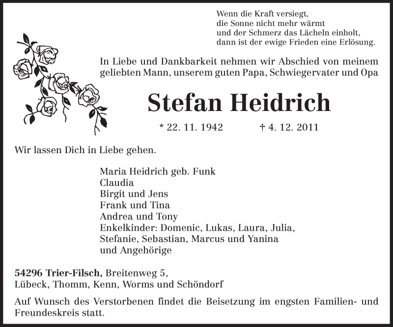  Traueranzeige für Stefan Heidrich vom 07.12.2011 aus 